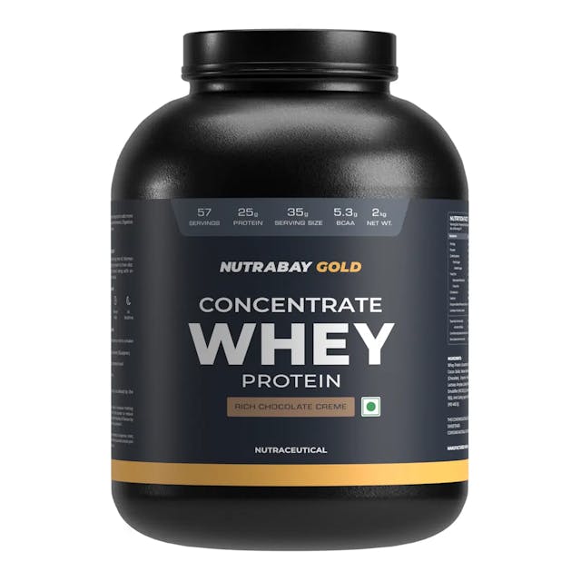 NUTRABAY Gold 100% Whey Protein Concentrate with Digestive Enzymes - 2Kg, 60 Servings | 25g Protein, 5.3g BCAA, 3.9g Glutamic Acid| Muscle Growth & Recovery | Gym Supplement for Men & Women