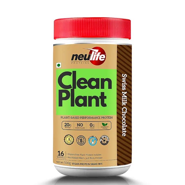 NEULIFE CLEAN-PLANT Protein Isolate Powder | Vegan Protein Powder for Men & Women | Gluten & Sugar-free 500g (Swiss Chocolate)