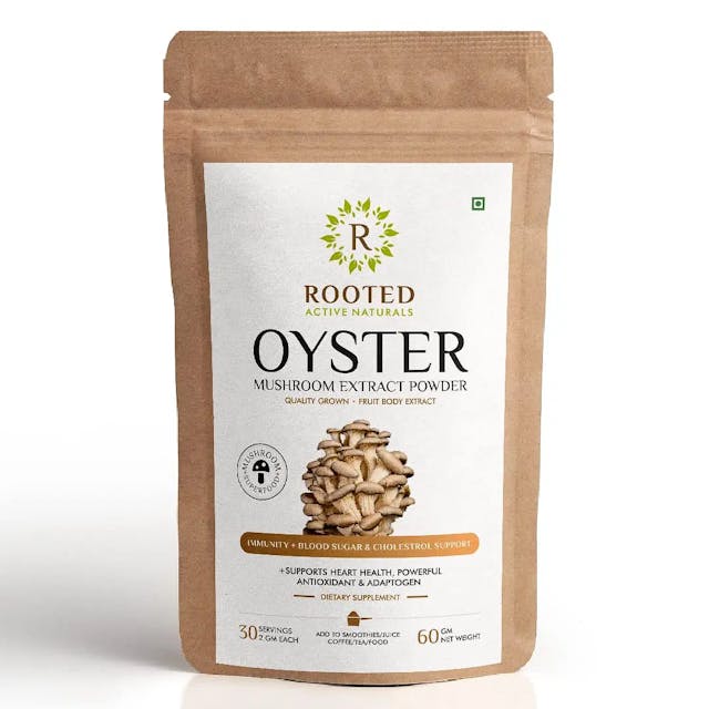 Rooted Actives Oyster Mushroom Extract Powder | Supports Immunity, Cardio Health, Helps Healthy Cholesterol & Maintain Blood Sugar Levels |For Immunomodulatory Support |60 g