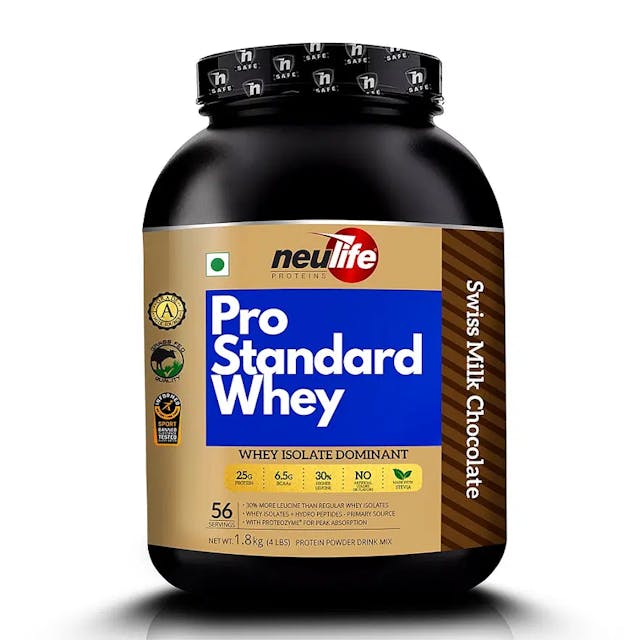 NEULIFE Pro Standard Advanced Whey Protein Isolate Powder with Added Leucine | Batch Tested & Informed Sport Certified 4lbs (Swiss Chocolate)