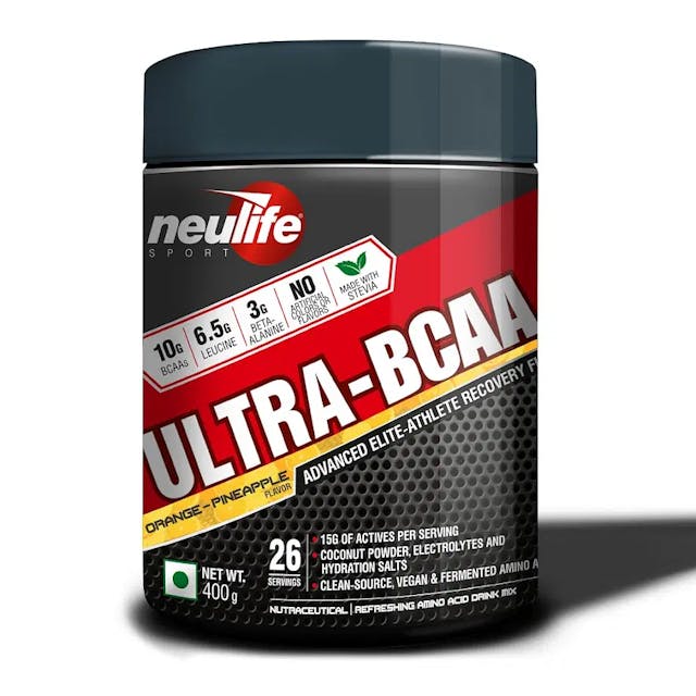 NEULIFE ULTRA-BCAA Powder 4:1:1 with 2X Leucine & Beta Alanine + Coconut Water & Electrolytes 400g (Orange-Pineapple)