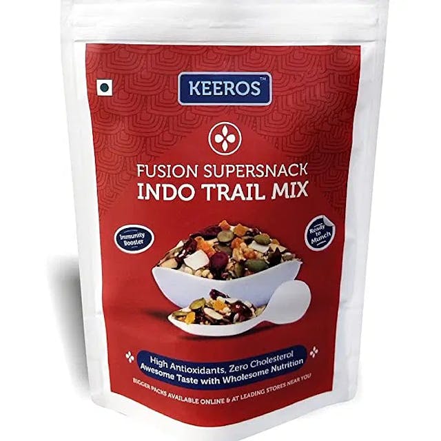 Keeros Healthy Mixed Nuts & Seeds -Indo Trail Mix | Roasted Pumpkin & Sesame Seeds, Dried Cranberries & Apricots, Pearl Millets, Coconut Chips, Almonds | Antioxidants Rich Super Food | 200g