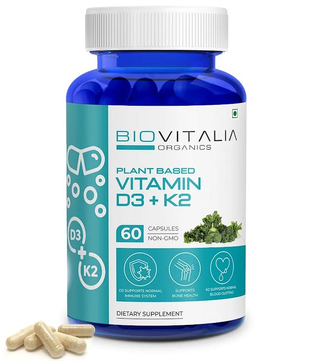 BIOVITALIA ORGANICS Vitamin D3 + K2- 60 Capsules | Support bone health, Boost immunity | K2 Supports Normal Blood Clotting | 60 Capsules