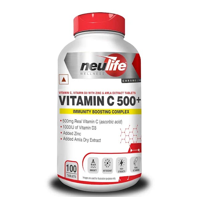 NEULIFE High Strength Real Vitamin C tablets (Ascorbic Acid) 500mg with D3 1000iu + Zinc (100 Tabs).