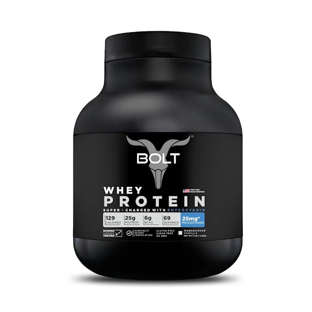 Bolt Whey Protein Powder 100% USA Made Whey Protein 5 lb, 2.268 kg with PHYCOCYANIN for Quick Muscle Recovery, Vegetarian